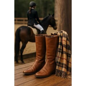 Santana Canada Women's Brown Leather Equestrian Slip On‎ Plaid Lining Boots Sz 7